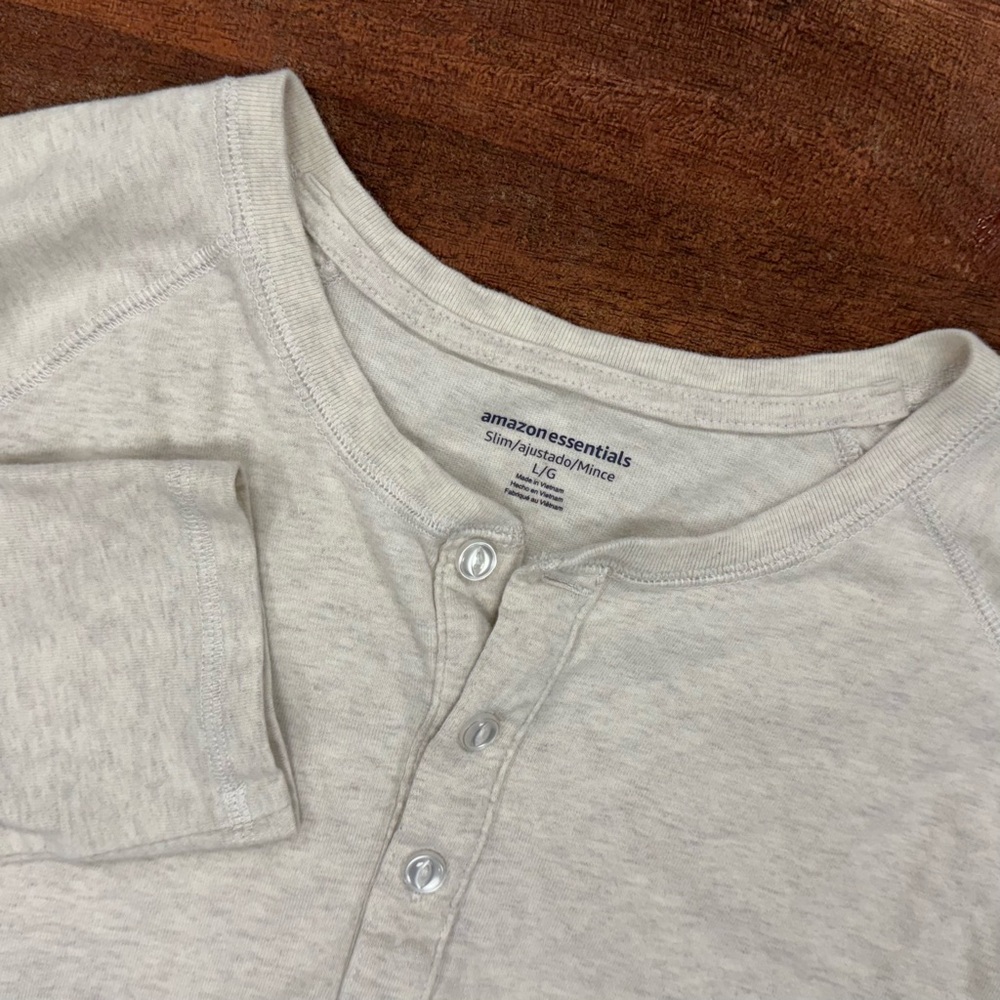 Amazon Essentials Slim Fit Long Sleeve Henley Men’s L‎ Beige Cotton Shirt